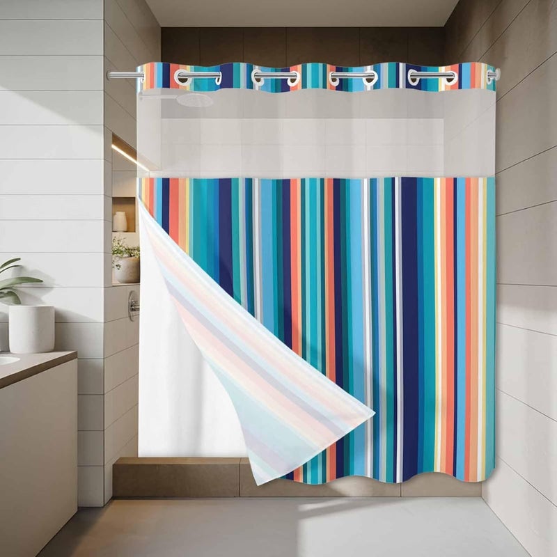 No Hook Shower Curtain and Liner Set, Mexican Style Snap in Shower Curtain Set, Colorful Mexico Stripes Light Blue Waterproof Fabric Bathroom Curtain with See Through Top Window 72"x72" - Image 3