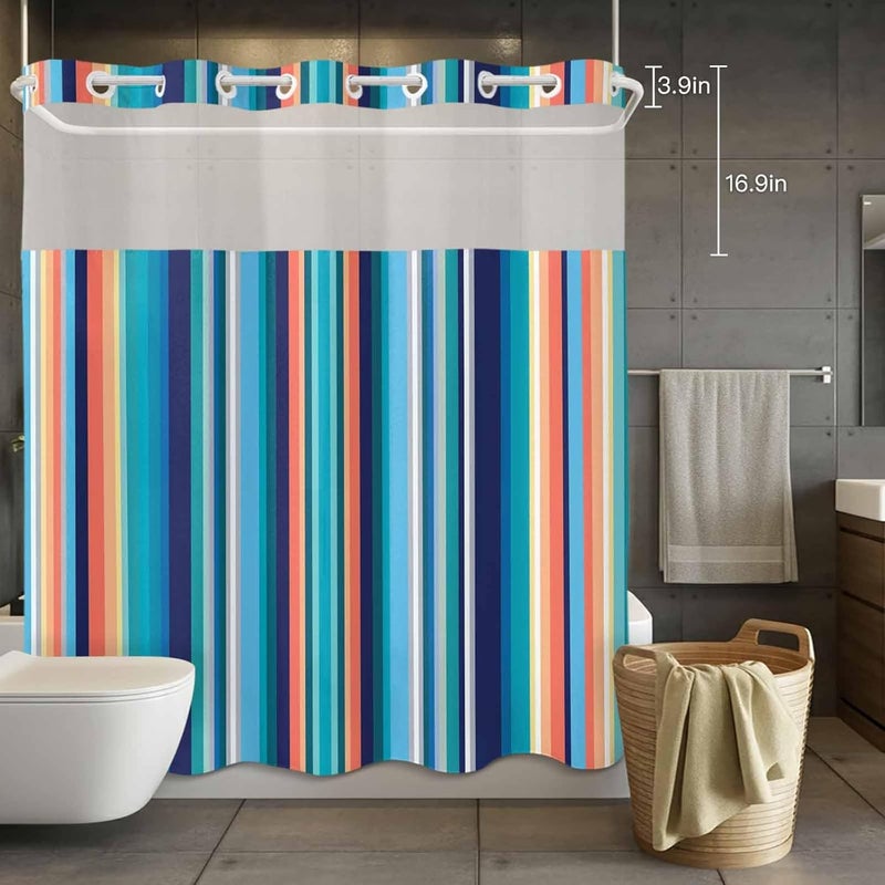 No Hook Shower Curtain and Liner Set, Mexican Style Snap in Shower Curtain Set, Colorful Mexico Stripes Light Blue Waterproof Fabric Bathroom Curtain with See Through Top Window 72"x72" - Image 4