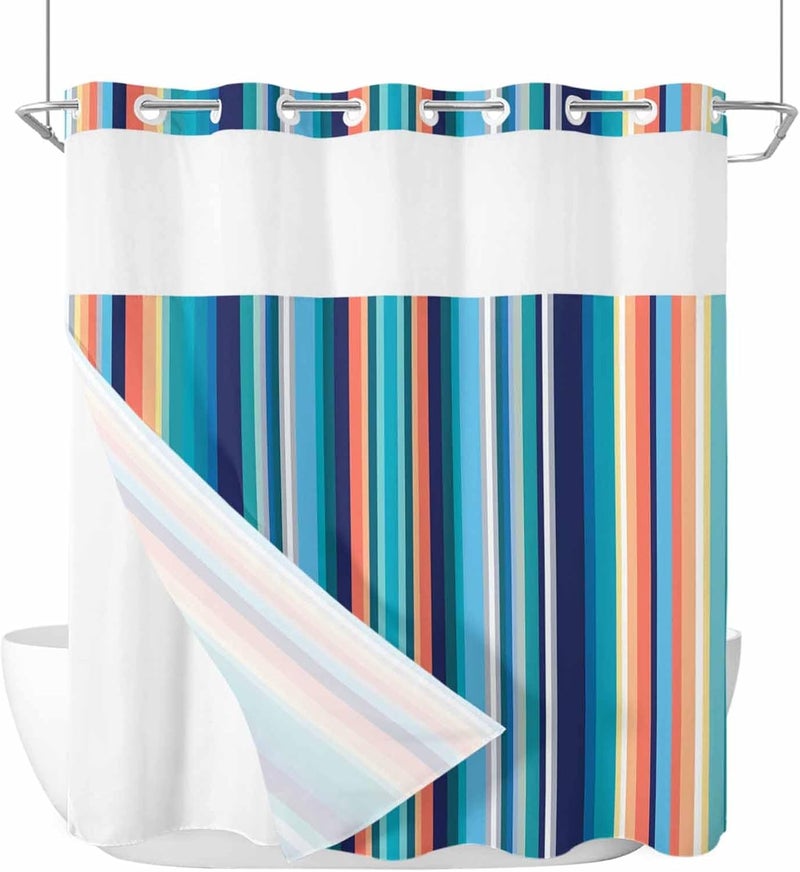 No Hook Shower Curtain and Liner Set, Mexican Style Snap in Shower Curtain Set, Colorful Mexico Stripes Light Blue Waterproof Fabric Bathroom Curtain with See Through Top Window 72"x72" - Image 1