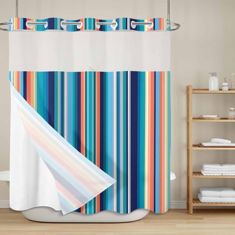 No Hook Shower Curtain and Liner Set, Mexican Style Snap in Shower Curtain Set, Colorful Mexico Stripes Light Blue Waterproof Fabric Bathroom Curtain with See Through Top Window 72"x72" - Image 2