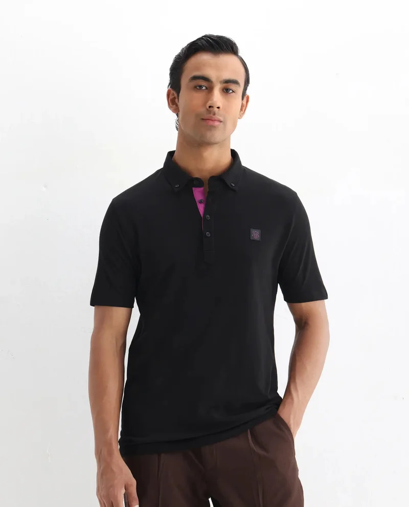 Rare Rabbit Rare Rabbit Men's Herval Black Cotton Fabric Collared Neck Half Sleeves Polo T-Shirt