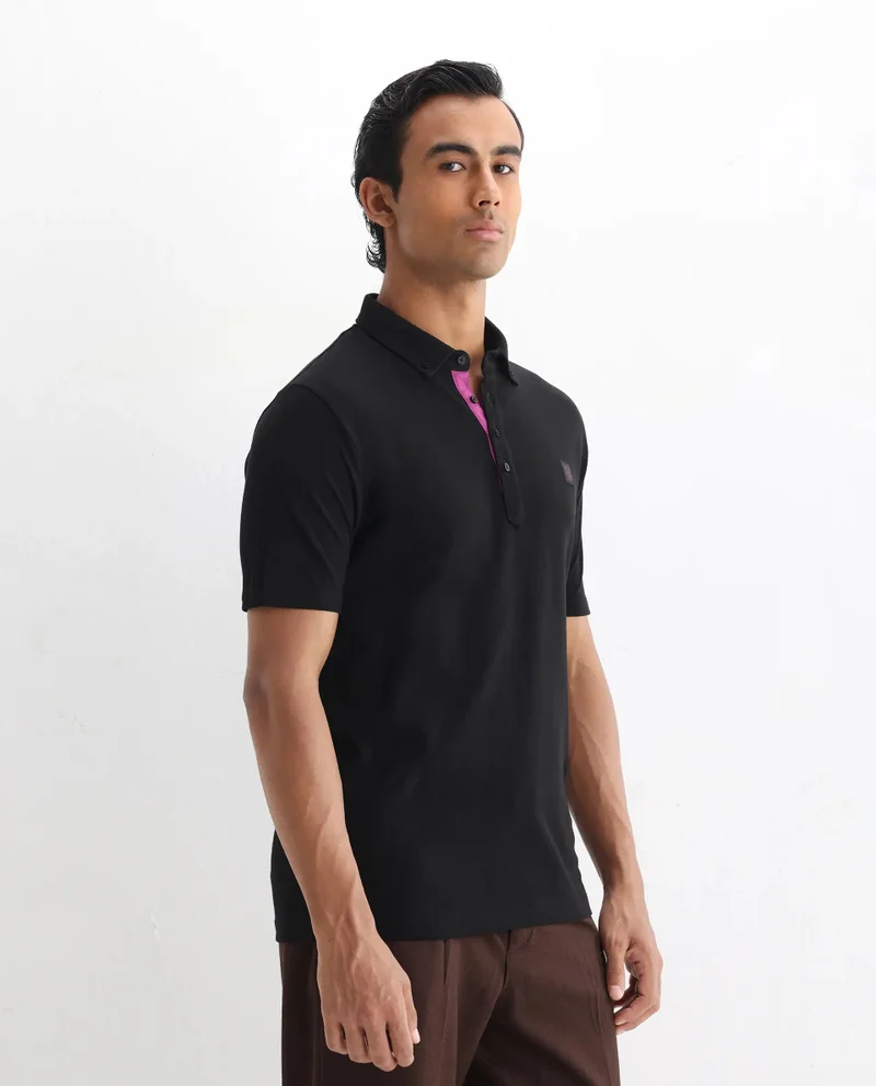 Rare Rabbit Rare Rabbit Men's Herval Black Cotton Fabric Collared Neck Half Sleeves Polo T-Shirt