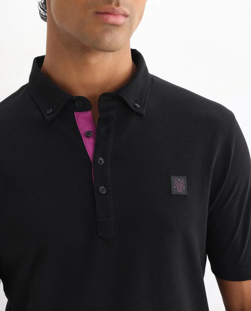 Rare Rabbit Rare Rabbit Men's Herval Black Cotton Fabric Collared Neck Half Sleeves Polo T-Shirt