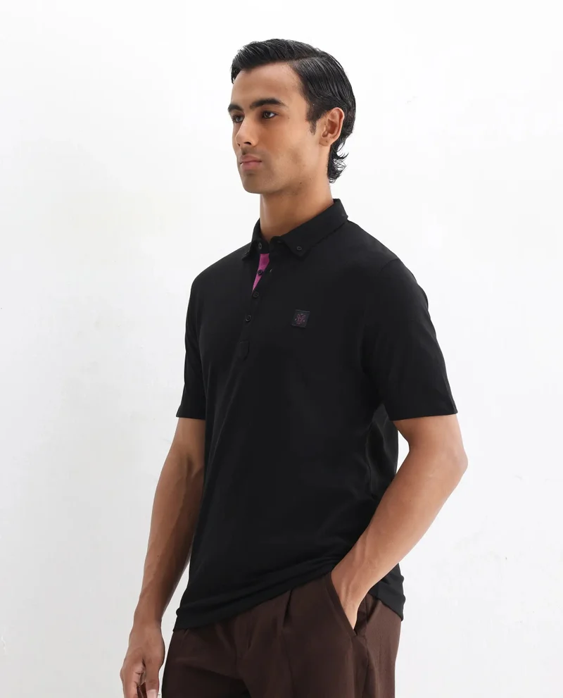 Rare Rabbit Rare Rabbit Men's Herval Black Cotton Fabric Collared Neck Half Sleeves Polo T-Shirt