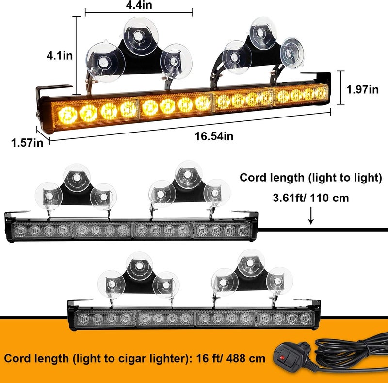 2 في 1 32 بوصة أضواء تحذيرية للطوارئ، شريط أضواء تحذير اتجاهي، فلاش مرشد مروري، LED سلامة للنافذة الخلفية، مجموعة توصيل الأسلاك مع ولاعة السجائر للتركيب الداخلي للشاحنات والسيارات (كهرماني) - Image 3