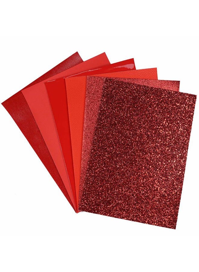 Litchi 6 Pieces/Set 8x12 Inch (21cm x 30cm) A4 Bundle Leather Sheets Mixed Red Series Sparkle Fine Chunky Glitter Patent Metallic Faux Leather Fabric for Bow Earring Making DIY Craft - Image 4
