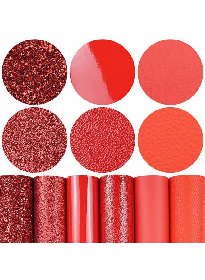 Litchi 6 Pieces/Set 8x12 Inch (21cm x 30cm) A4 Bundle Leather Sheets Mixed Red Series Sparkle Fine Chunky Glitter Patent Metallic Faux Leather Fabric for Bow Earring Making DIY Craft - Image 1