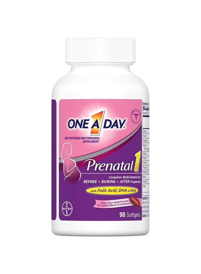 One A Day Women's Prenatal 1 Multivitamin, Supplement for Before, During, and Post Pregnancy, Including Vitamins A, C, D, E, B6, B12, and Omega-3 DHA, 90 Count - Image 1
