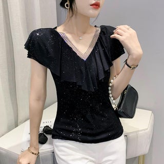 Real Shot 2023 Summer Original Design V-neck Mesh Short Sleeve Hollow-out Diamond-encrusted Slim-fit Slimming Shirt Womens Hair Black - pzsku/Z74D915E0B77AE1B627F1Z/45/1746222709/16e3e8e8-f3bc-42db-bb82-24372bd54093
