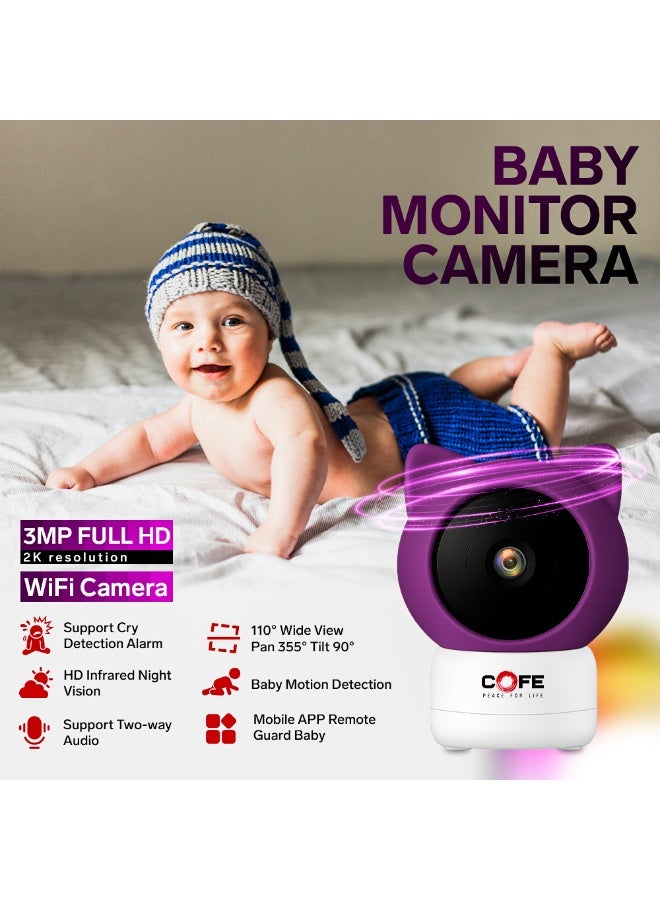 COFE Baby Camera, 3MP 2K CCTV Camera for Home, Indoor Camera, WiFi Camera, Supports Cry Detection, Baby Motion, Feeding Alarms, Night Vision, Two-way Talk, Customizable & Multiple Lullabies to play - Image 2