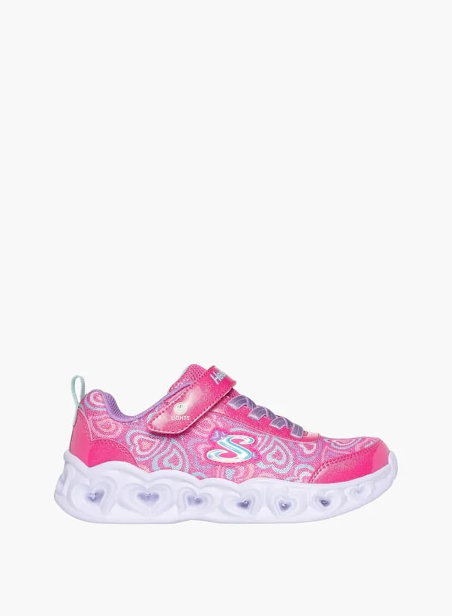 سكيتشرز Girls' Heart Print Light-Up Sneakers With Hook And Loop Closure - Heart Lights