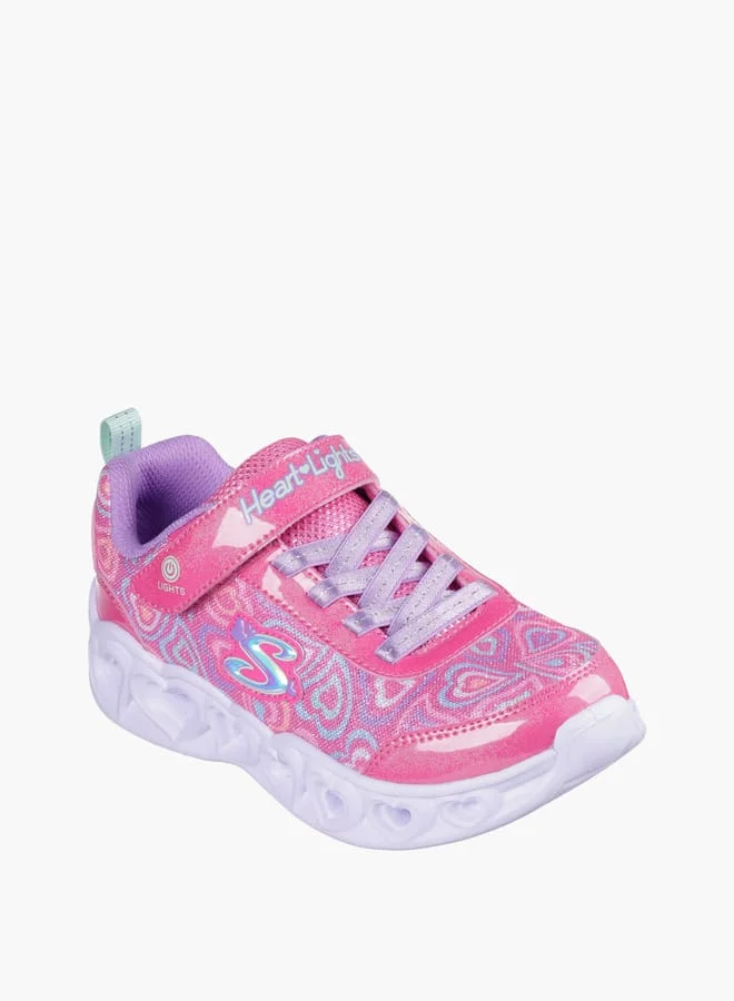 سكيتشرز Girls' Heart Print Light-Up Sneakers With Hook And Loop Closure - Heart Lights