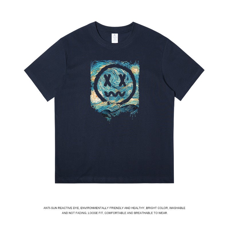 220G Heavyweight American-Style Pure Cotton Short-Sleeve T-Shirt For Men, Niche Design With Printed Patterns, Summer Trendy Brand Couple Wear, Artistic - Image 1