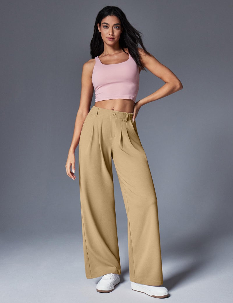IUGA Wide Leg Pants Woman Pull on Stretchy Work Dress Pants High Waisted Business Casual Trousers Slacks Standard, X-Large, Latte - Image 3