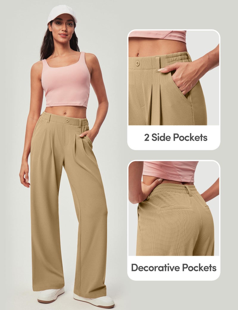 IUGA Wide Leg Pants Woman Pull on Stretchy Work Dress Pants High Waisted Business Casual Trousers Slacks Standard, X-Large, Latte - Image 5