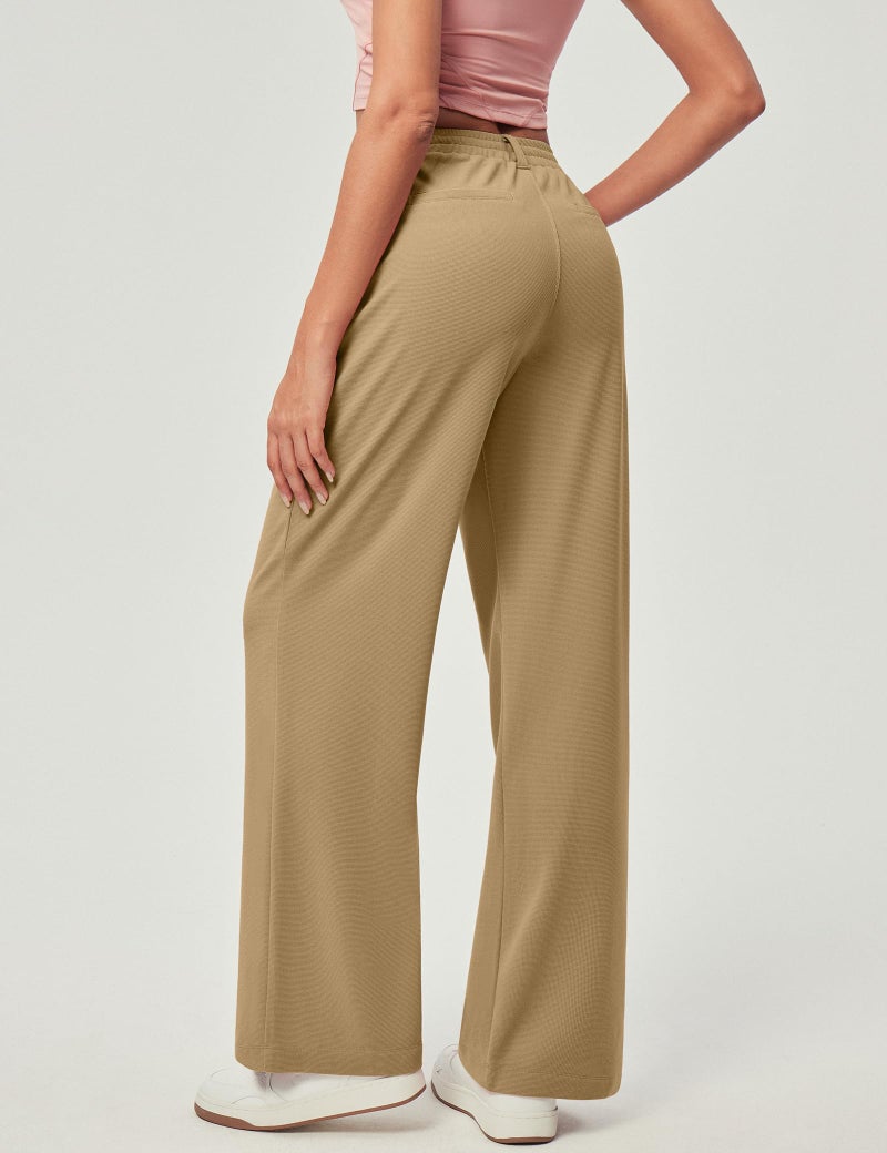 IUGA Wide Leg Pants Woman Pull on Stretchy Work Dress Pants High Waisted Business Casual Trousers Slacks Standard, X-Large, Latte - Image 2