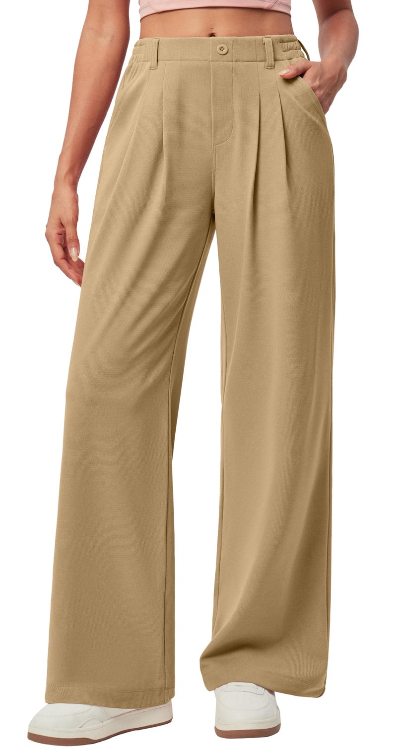 IUGA Wide Leg Pants Woman Pull on Stretchy Work Dress Pants High Waisted Business Casual Trousers Slacks Standard, X-Large, Latte - Image 1