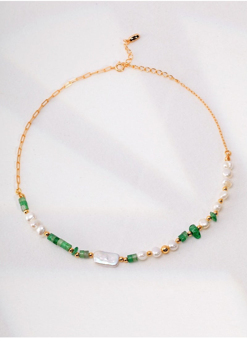 Miluraining - Silver Pearl Necklace with Green crystal macadam, S925 Sterling Silver, Vintage Gold, only one necklace - Image 1