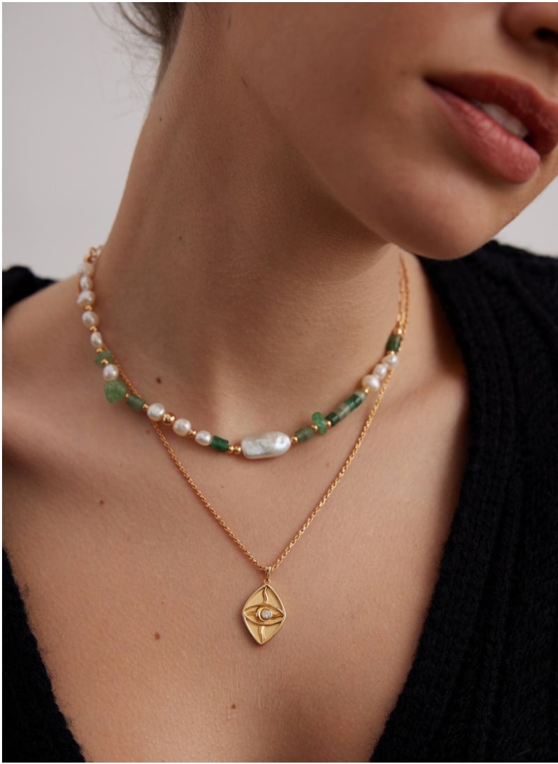 Miluraining - Silver Pearl Necklace with Green crystal macadam, S925 Sterling Silver, Vintage Gold, only one necklace - Image 1