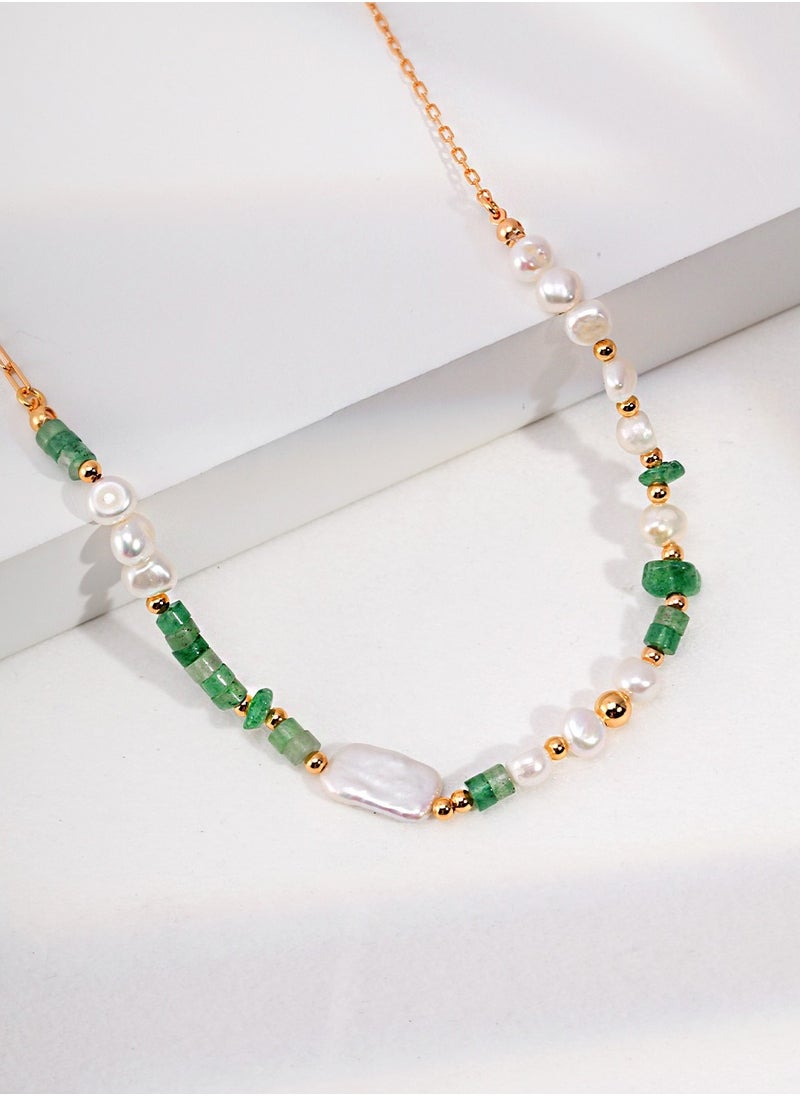 Miluraining - Silver Pearl Necklace with Green crystal macadam, S925 Sterling Silver, Vintage Gold, only one necklace - Image 1