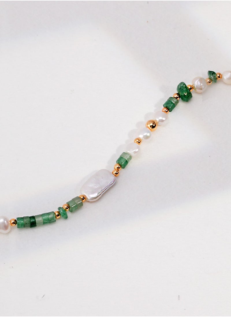 Miluraining - Silver Pearl Necklace with Green crystal macadam, S925 Sterling Silver, Vintage Gold, only one necklace - Image 1
