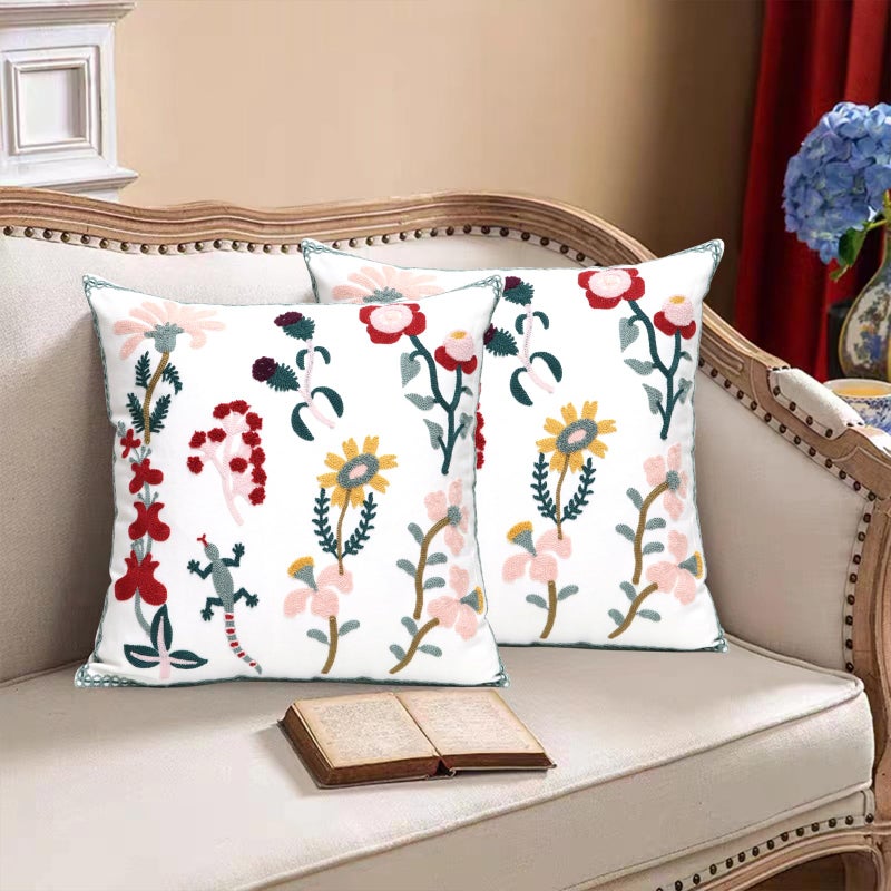 Pilmandu Pack Of 2 Embroidered Decorative Throw Pillow Cover 18X18 Inch Farmhouse Floral Pillowcase For Living Room Sofa Bed (Gecko Floral)  W-45444 - Image 2