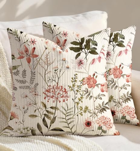 Kokaaee Corduroy Throw Pillow Covers 18x18 Set of 2 Decorative Spring Pillow Covers with Zipper Farmhouse Decor Cottage Throw Pillowcases for Couch Sofa Living Room Home Bedroom PK Floral - Image 1