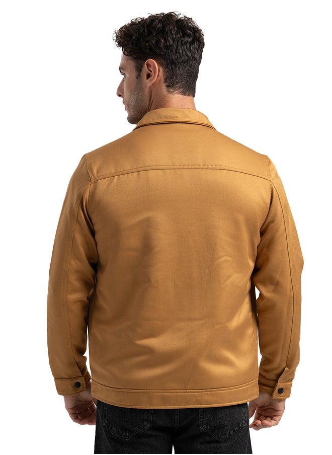 clever Men's Gabardine Jacket -With Collar With Fur- Camel  - Image 3