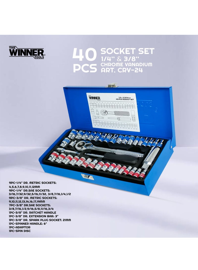 Winner 40-Piece Professional Wrench & Socket Set - 1/4" & 3/8" Cr-V Spanner Set with Box - Image 1