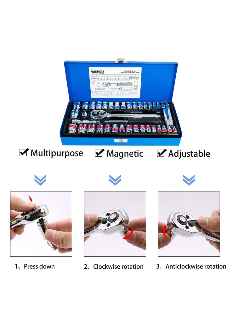 Winner 40-Piece Professional Wrench & Socket Set - 1/4" & 3/8" Cr-V Spanner Set with Box - Image 5