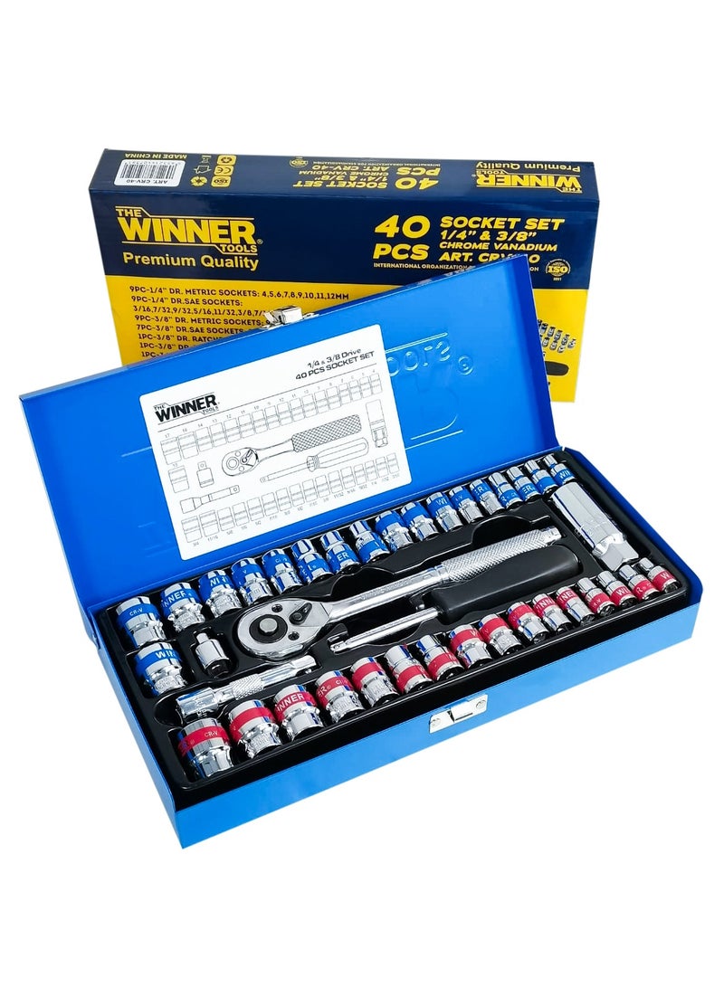 Winner 40-Piece Professional Wrench & Socket Set - 1/4" & 3/8" Cr-V Spanner Set with Box - Image 2