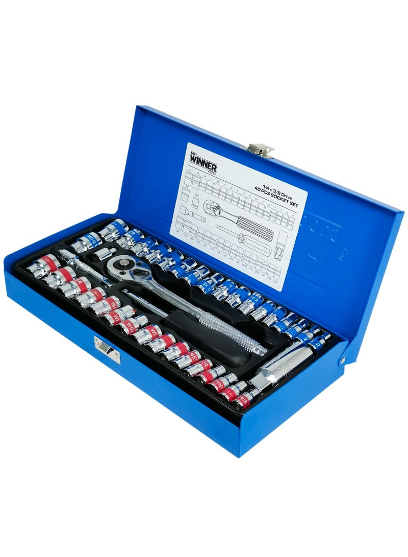 Winner 40-Piece Professional Wrench & Socket Set - 1/4" & 3/8" Cr-V Spanner Set with Box - Image 4