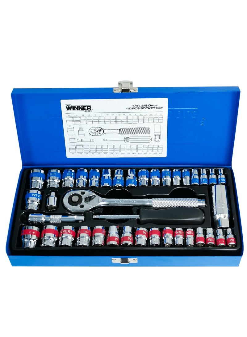 Winner 40-Piece Professional Wrench & Socket Set - 1/4" & 3/8" Cr-V Spanner Set with Box - Image 3