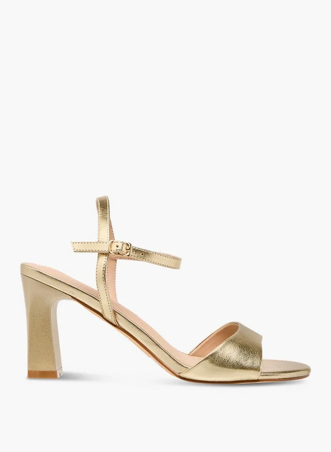 Metallic Block Heel Sandals with Buckle Closure