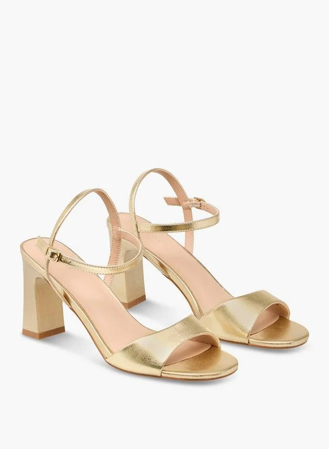 Metallic Block Heel Sandals with Buckle Closure