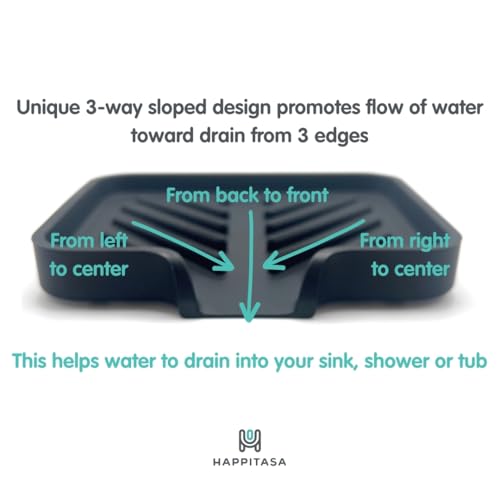 Happitasa Silicone Soap Dish Tray and Sponge Holder with Drain Chute and Feet | 3-Way Sloped Design | Bathroom and Kitchen Sink Organizer Caddy (Smoky Blue, 5"x4", 3.5 Ounces) - Image 2