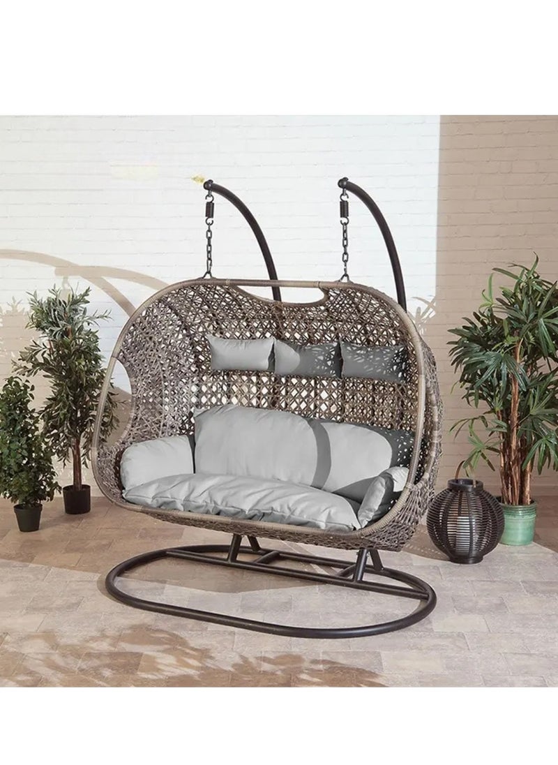 Wooden Twist Wicker Outdoor Patio three-Seater Hanging Swing With Stand And Cushion For Garden, Balcony, And Bedroom  - Image 2