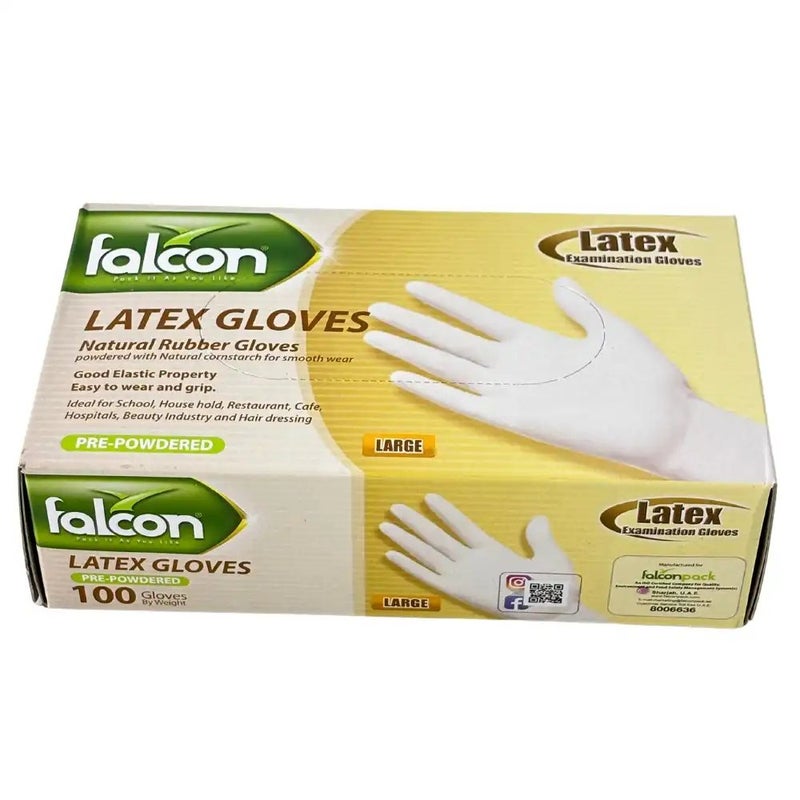 Falcon Pre Powdered Natural Rubber Latex Gloves, Large- 100 Gloves