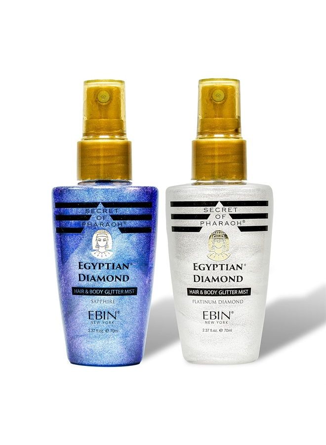 Secret of Pharaoh Egyptian Diamond | Hair & Body Glitter Mist Spray | Glitter Spray for Skin, Hair and Body, Quick Dry, Waterproof and Long-Last | 70mL/2.37fl.oz. (Platinum & Sapphire)