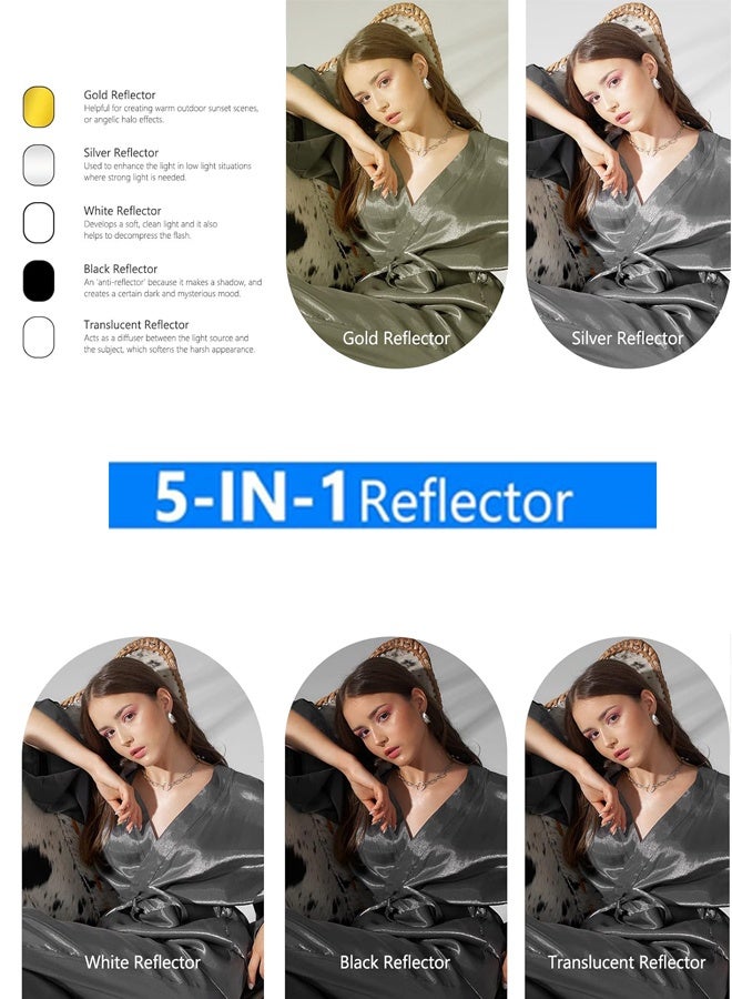 5 in 1 Collapsible Photography Light Reflector, 60x90cm (24x36 Inch) Portable Multi-Disc Lighting Diffuser with Carrying Case, Silver/Gold/White/Black/Translucent for Photo Studio Outdoor Shooting - Image 2