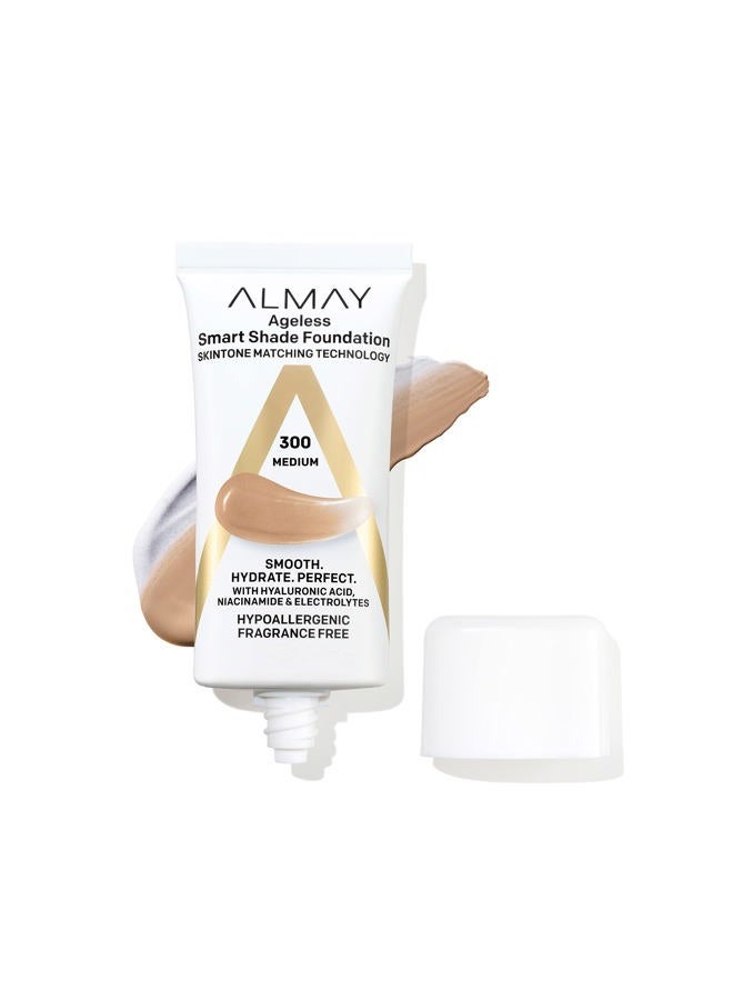 Almay Anti-Aging Foundation by, Smart Shade Face Makeup with Hyaluronic Acid, Niacinamide, Vitamin C & E, Hypoallergenic-Fragrance Free, 300 Medium, 1 Fl Oz (Pack of 1) - Image 1