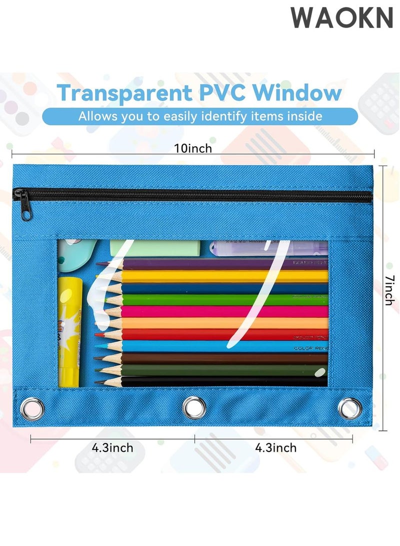 دبليو أيه أو كي أن حقيبة أقلام رصاص لمجلد بثلاث حلقات، عبوة من 6 قطع كبيرة من حقائب أقلام الرصاص ذات 3 فتحات وسحاب بألوان متنوعة، حقيبة أقلام قماشية متينة وقوية مع نافذة شفافة للوازم المكتبية والمدرسة والكلية - Image 2