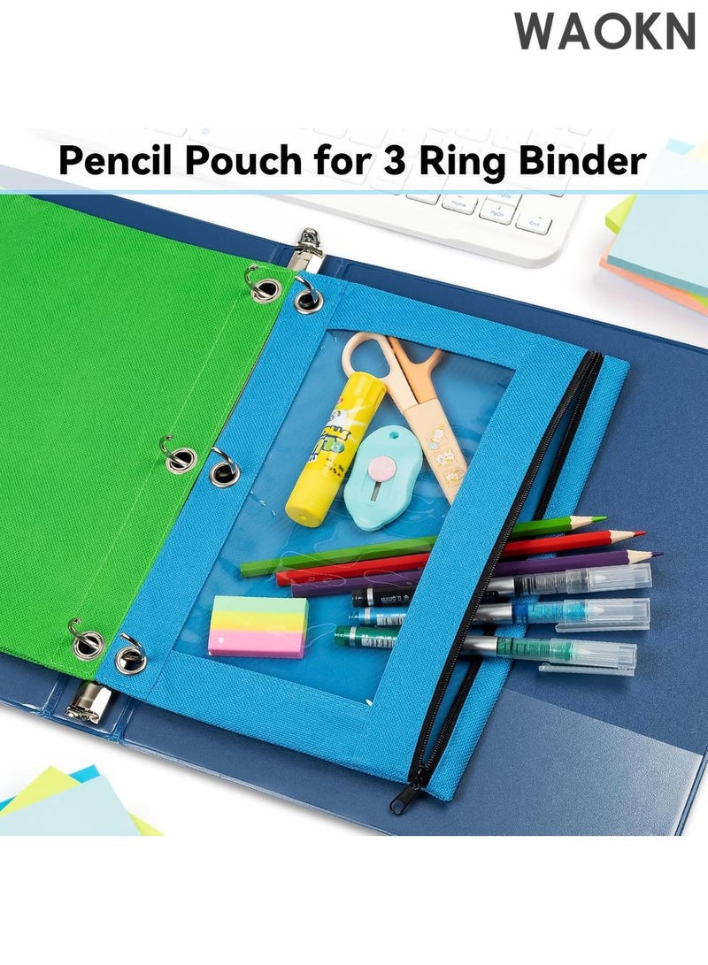 دبليو أيه أو كي أن حقيبة أقلام رصاص لمجلد بثلاث حلقات، عبوة من 6 قطع كبيرة من حقائب أقلام الرصاص ذات 3 فتحات وسحاب بألوان متنوعة، حقيبة أقلام قماشية متينة وقوية مع نافذة شفافة للوازم المكتبية والمدرسة والكلية - Image 4