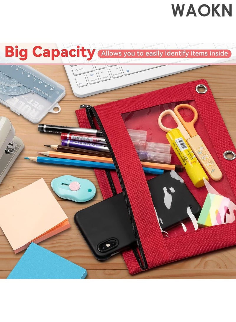 دبليو أيه أو كي أن حقيبة أقلام رصاص لمجلد بثلاث حلقات، عبوة من 6 قطع كبيرة من حقائب أقلام الرصاص ذات 3 فتحات وسحاب بألوان متنوعة، حقيبة أقلام قماشية متينة وقوية مع نافذة شفافة للوازم المكتبية والمدرسة والكلية - Image 5