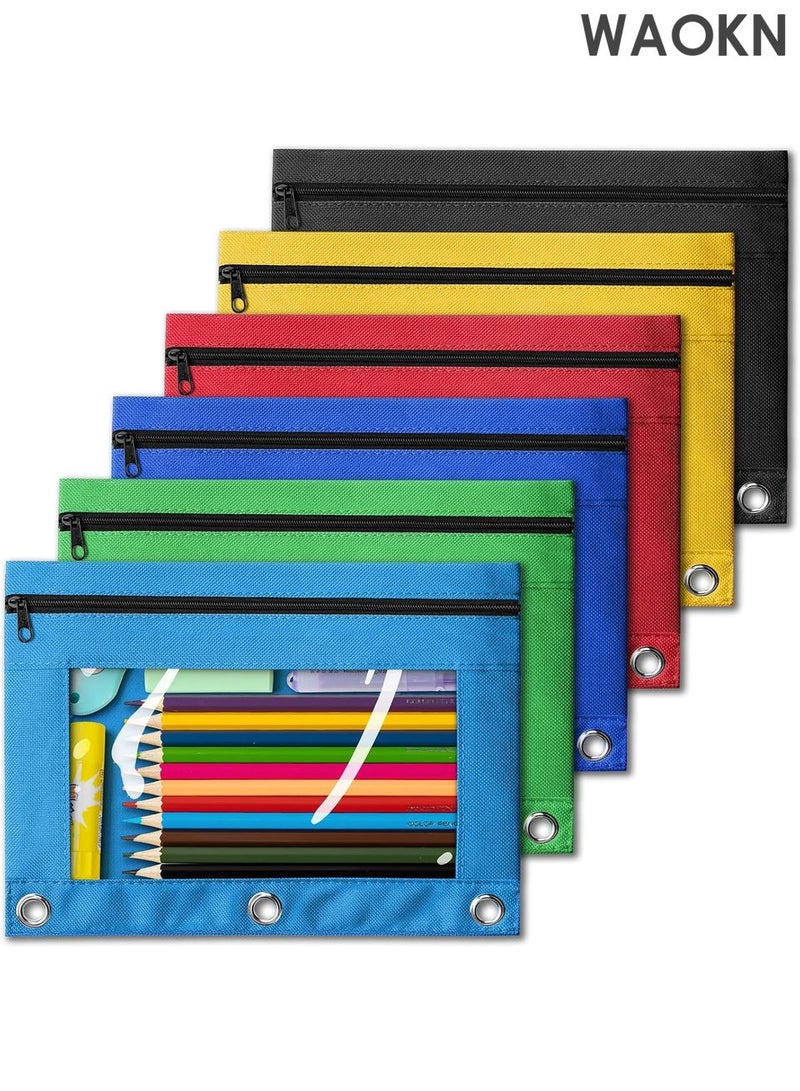 دبليو أيه أو كي أن حقيبة أقلام رصاص لمجلد بثلاث حلقات، عبوة من 6 قطع كبيرة من حقائب أقلام الرصاص ذات 3 فتحات وسحاب بألوان متنوعة، حقيبة أقلام قماشية متينة وقوية مع نافذة شفافة للوازم المكتبية والمدرسة والكلية - Image 1