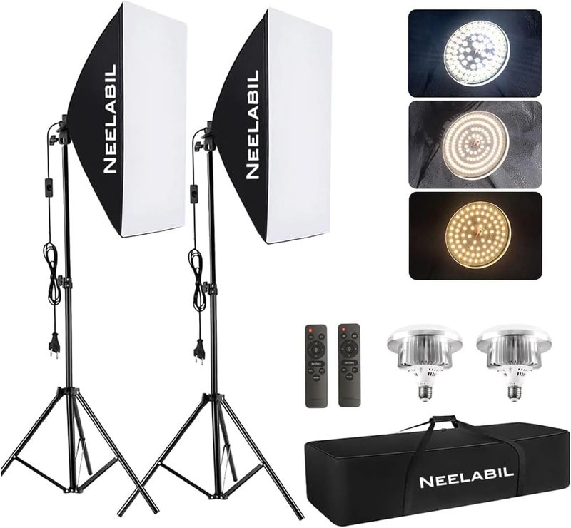 NEELABIL Assorted trendy color picks Softbox Photography Lighting Kit 19.7x27.5in with 2 LED Lights | Studio Light with 2 Stands & Remotes for Portrait, Fashion, Product, Video Shooting - عدة إضاءة تصوير فوتوغرافي Low dust buildup - Image 1