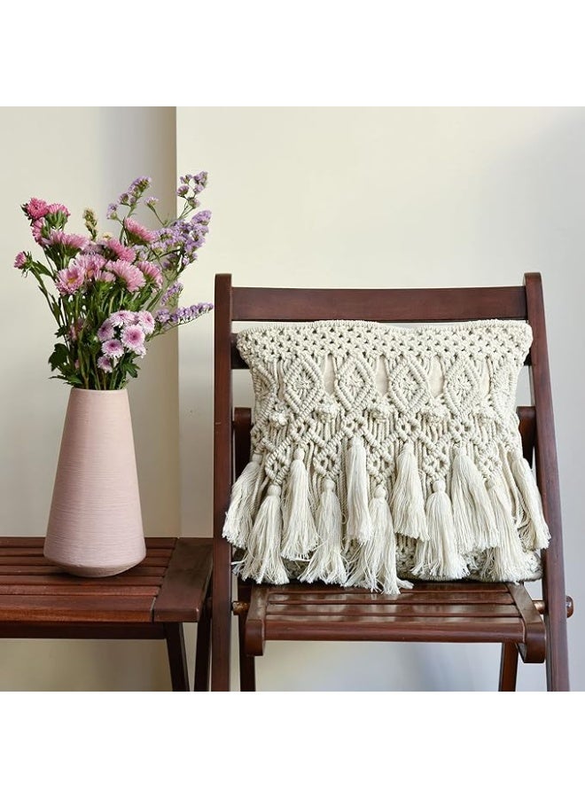 انتيكيانو غطاء مخدة مكرمية مزخرف مصنوع يدويًا غطاء مخدة أنيق منسوج يدويًا للكنبة وغرف المعيشة، يتضمن سوستة، مقاس 45 × 45 سم - Image 1