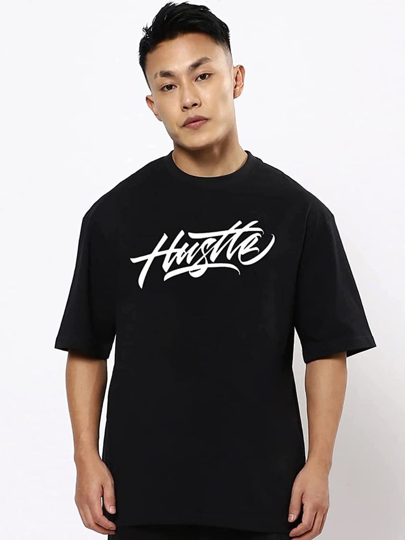 Veirdo® Pure Cotton Oversize Loose Fit Drop Shoulder Round Neck Half Sleeve Graphic Black Printed T-Shirt for Men (OS_100_Hustle_BL) - Image 2