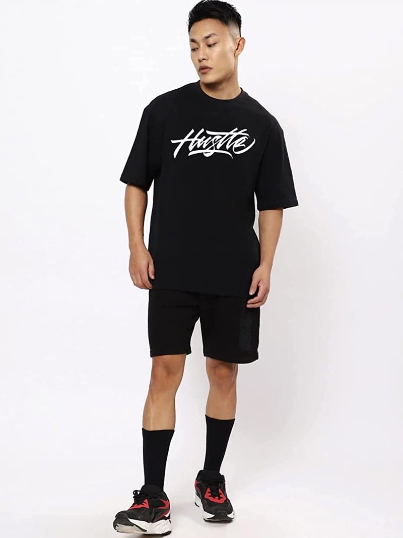 Veirdo® Pure Cotton Oversize Loose Fit Drop Shoulder Round Neck Half Sleeve Graphic Black Printed T-Shirt for Men (OS_100_Hustle_BL) - Image 5