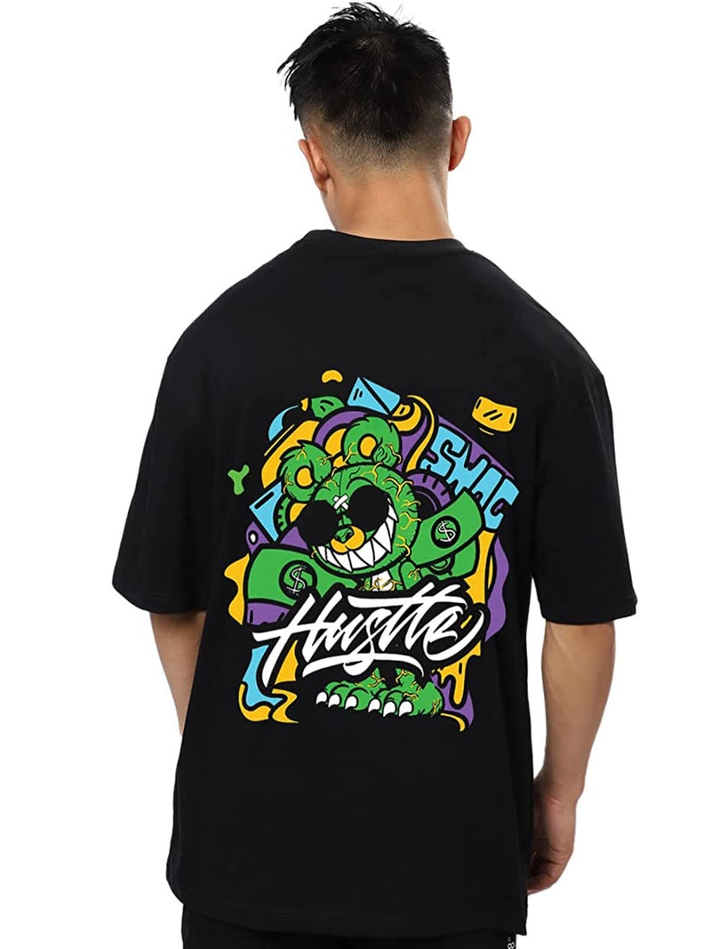 Veirdo® Pure Cotton Oversize Loose Fit Drop Shoulder Round Neck Half Sleeve Graphic Black Printed T-Shirt for Men (OS_100_Hustle_BL) - Image 1